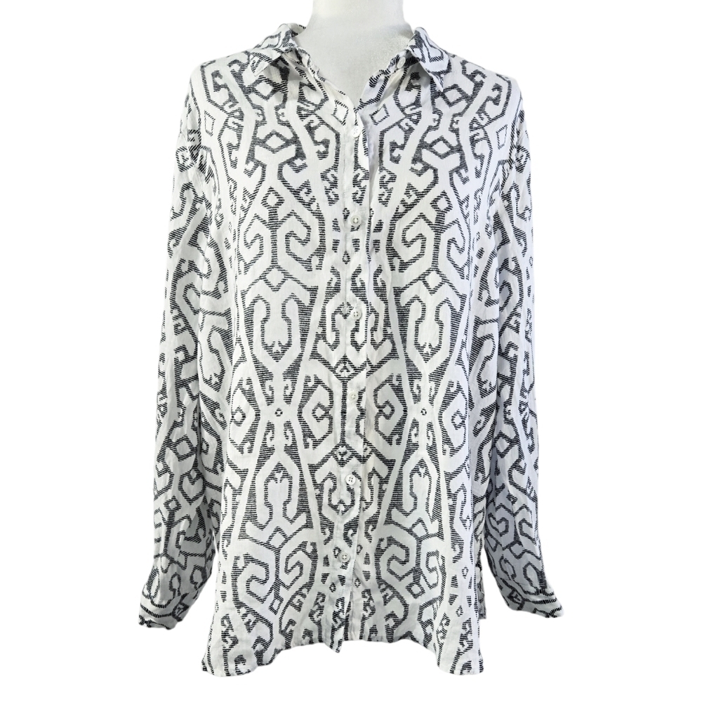 J. Jill Love Linen White Black Abstract Geometric Button-Up Shirt Unique Office